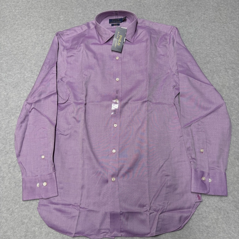 Polo Ralph Lauren Dress Shirt Mens 15.5 32/33 Purple Solid Slim Fit Easy Care LS